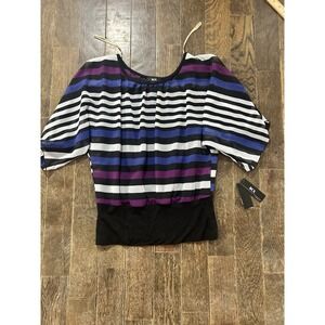 BCX Womens Med Colorful Short Sleeve Top Blouse Stripes Built In Tank top NWT